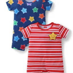 Babyhug 100% Cotton Knit Half Sleeves Rompers with Stripes & Stars Print Pack of 2 - Navy Blue & Red-image-72