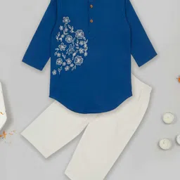 Little Ginnie Cotton Full Sleeves Floral Embroidered Kurta & Pyjama Set - Navy Blue-image-25
