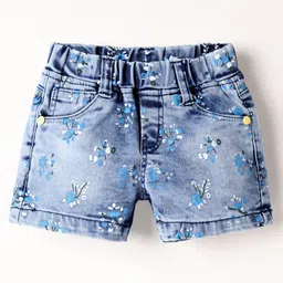 Olio Kids Knit Above Knee Length Denim Shorts With Floral Print - Light Blue-picture-26