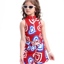 OLLINGTON ST. Cotton Co-ord Set Knit Sleeveless Hearts Printed Top & Shorts - Red-picture-45