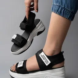 Shoetopia Typography Designed Sandals With Velcro Closure - Black-picture-10