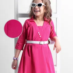 Hola Bonita Cotton Woven Three Fourth Sleeves Solid Colour Collar Neck Dress With Belt - Fuchsia-picture-30