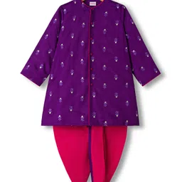 Babyhug Chanderi Woven Full Sleeves Kurta Pajama Set With Floral Embriodery - Purple-picture-14