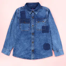 Kiddopanti Denim Woven Full Sleeves Contrast Patch Detailed Washed Shirt - Medium Blue-picture-13