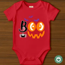 BLUSHES 100% Cotton Knit Halloween Theme Half Sleeves Boo Text Printed Onesie - Red-picture-12