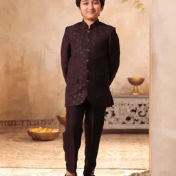 AJ Dezines Jacquard Woven Full Sleeves Geometric Printed Sherwani & Pant Set - Maroon-picture-14