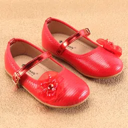 Cute Walk By Babyhug Ballerinas With Buckle Closure & Floral Applique - Red image 2