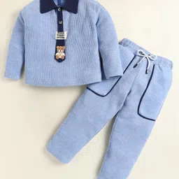 Little Marine Cotton Blend Knit Full Sleeves Teddy Bear Patch Embroidered Ribbed Polo Tee & Pant Set - Light Blue image 3
