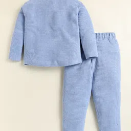 Little Marine Cotton Blend Knit Full Sleeves Teddy Bear Patch Embroidered Ribbed Polo Tee & Pant Set - Light Blue image 4