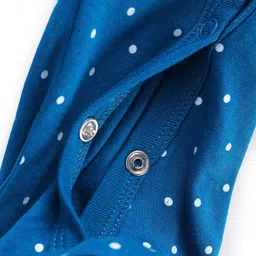 Babyhug Cotton Knit Full Sleeves Sleep Suit With Polka Dots & Text Print - Blue image 4