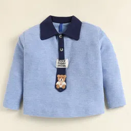 Little Marine Cotton Blend Knit Full Sleeves Teddy Bear Patch Embroidered Ribbed Polo Tee & Pant Set - Light Blue image 5