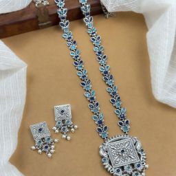NAMAN ARTS Silver-Plated Oxidised Stone Studded & Beaded Jewellery Set-picture-43
