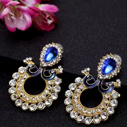ANIKAS CREATION Gold-Plated & Blue Peacock Shaped Drop Earrings image 1