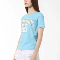 Only Blue & White Cotton Graphic Print T-Shirt image 4