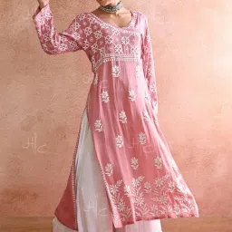 House of Chikankari Pink Embroidered Angrakha Kurta image 4