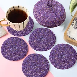 LADLI JEE Set Of 6 Purple Weaved Round Microfiber Coasters image 3