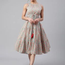Janasya Mint Green Cotton Floral Print A-Line Dress-picture-44