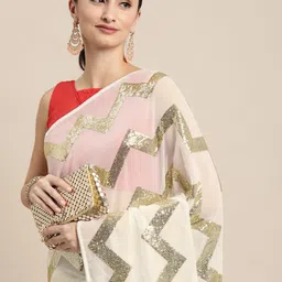 VAIRAGEE White & Silver Geometric Embroidered Saree image 1