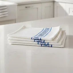 Attica Tracery Set of 5 White & Blue Printed Waffle Pure Cotton Kitchen Towels image 2
