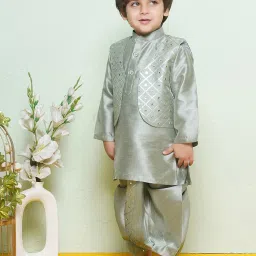 AJ Dezines Kids Green Embellished Full Sleeves Kurta, Dhoti with Waistcoat image 4