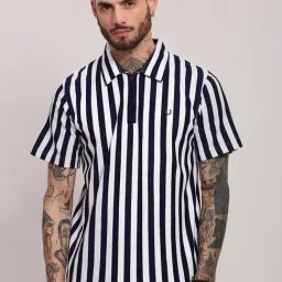 showoffff Showoff Navy Blue Cotton Slim Fit Stripes T-Shirt-picture-44