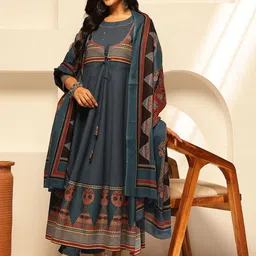 Vbuyz Geometric Printed Empire Sequinned Pure Cotton Anarkali Kurta With Trouser & Dupatta-picture-8