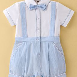 ToffyHouse Cotton Knit Half Sleeves Striped Party Rompers with Bow- Sky Blue-picture-14