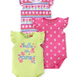 Babyhug 100% Cotton Knit Sleeveless with Frill Detailing Onesie Pack of 3 Text & Floral Print - Mutlicolour-image-40