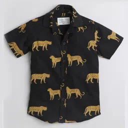 Polka Tots Cotton Half Sleeves Leopard Printed Shirt - Black-picture-19