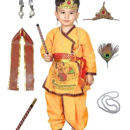 Kaku Fancy Dresses Janmashtami Theme Full Sleeves Kanha & Makhan Chor Text Printed Krishna Costume Set - Yellow-picture-31