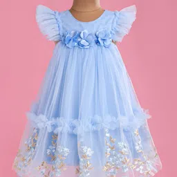Babyhug Woven Sleeveless Fit and Flare Party Frock with Corsage Applique & Floral Embroidery Detailing - Light Blue-image-90