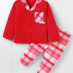Cucumber Sinker Knit Full Sleeves Front Open Night Suit With Checks - Red & Pink-picture-33