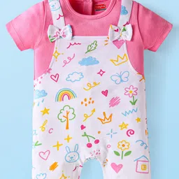 Babyhug Interlock Knit Half Sleeves Printed Romper With Bow Applique - Pink & White-picture-27