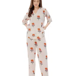 Piu Cotton Woven Three Fourth Sleeves Floral Printed Coordinating Night Suit Set - White-image-1