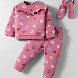 toffyhouse Smarty Girls Knit Full Sleeves Top & Leggings Set With Floral Print & Headband- Mauve-picture-25