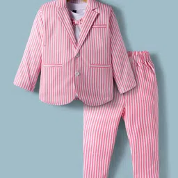 Rikidoos Full Sleeves Striped Blazer & Coordinating Pant With Bow Applique Detailed Tee Set - White & Pink-picture-14