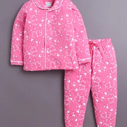 BUMZEE Cotton Knit Full Sleeves Butterfly Printed Night Suit Set - Pink-picture-14