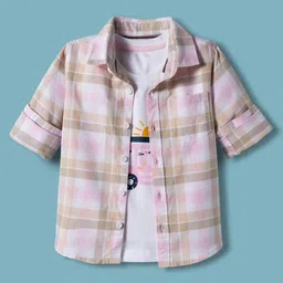 Dapper Dudes Full Sleeves Checked Shirt With Animals In A Van Printed Tee - Pink-picture-25