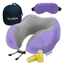 Billebon Neck Pillow Lavendar Memory Foam Filled Multi Contour Shape with Eye Mask , Travel Pouch-picture-26