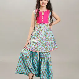 Bitiya By Bhama Cotton Woven Sleeveless Floral Printed Kurta Sharara Set - Blue-picture-14