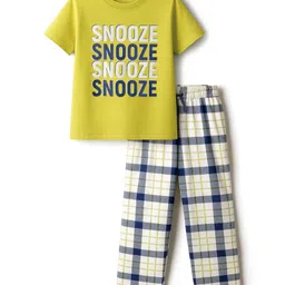 Pine Kids Single Jersey Knit Half Sleeves Night Suit With Text Print - Green & Blue-picture-31