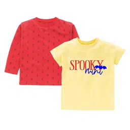 Kadam Baby Cotton Knit Halloween Theme Pack Of 2 Half Sleeves Spooky Mini Text Printed Tee - Red & Yellow-image-27