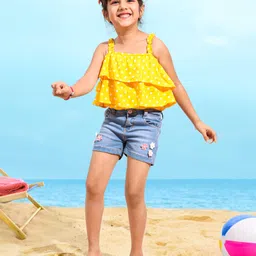 Babyhug Cotton Stretched Mid Thigh Length Washed Shorts Crochet Flower - Blue image 3