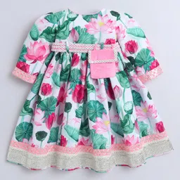 TINY MINY MEE Silk Half Sleeves Floral Printed Lace Embellished Dress With Headband & Pouch Attached Belt - Multi Colour image 4