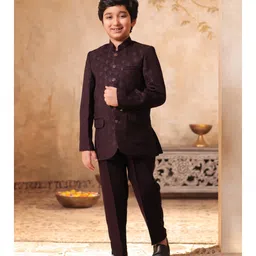 AJ Dezines Jacquard Woven Full Sleeves Geometric Printed Sherwani & Pant Set - Maroon image 4