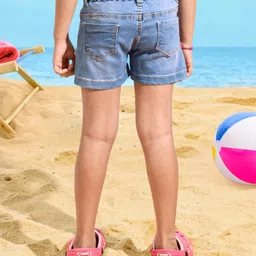 Babyhug Cotton Stretched Mid Thigh Length Washed Shorts Crochet Flower - Blue image 4