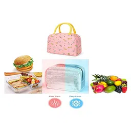 House of Quirk Insulated Lunch Bags Small for Women Work Student Kids to School Organizer Storage Lunch Box - Pink Cat image 4