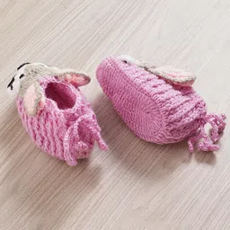 MayRa Knits Hand Knitted Woven Pack Of 2 Animal & Floral Applique Detailed Crochet Booties - Brown & Purple image 5