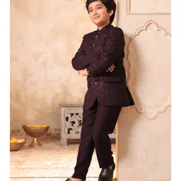 AJ Dezines Jacquard Woven Full Sleeves Geometric Printed Sherwani & Pant Set - Maroon image 5