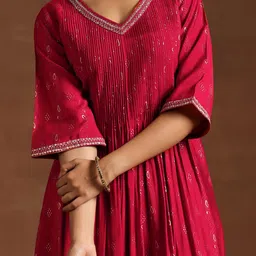 Libas Red Ethnic Motifs Printed Pintuck Flared Sleeves Layered Ruffles Zari A-Line Kurta image 2
